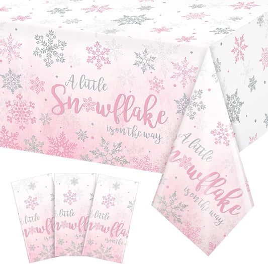 3Pcs Winter Snowflake Tablecloth, Little Snowflake Is on the Way Baby Shower Plastic Pink Tablecloth, Winter Wonderland Baby Shower Decorations for Onederland Princess Gender Reveal, 54X108Inch