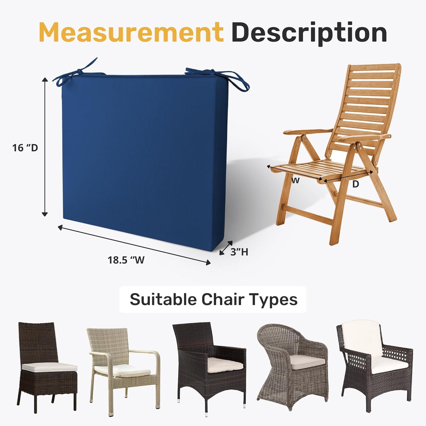 Outdoor Chair Cushions Pack of 4, Water Resistant Patio Cushions with Ties, High Density Sponge Filling Square Corner Seat Cushions for Outdoor Furniture, 18.5"X16"X3", Navy Blue