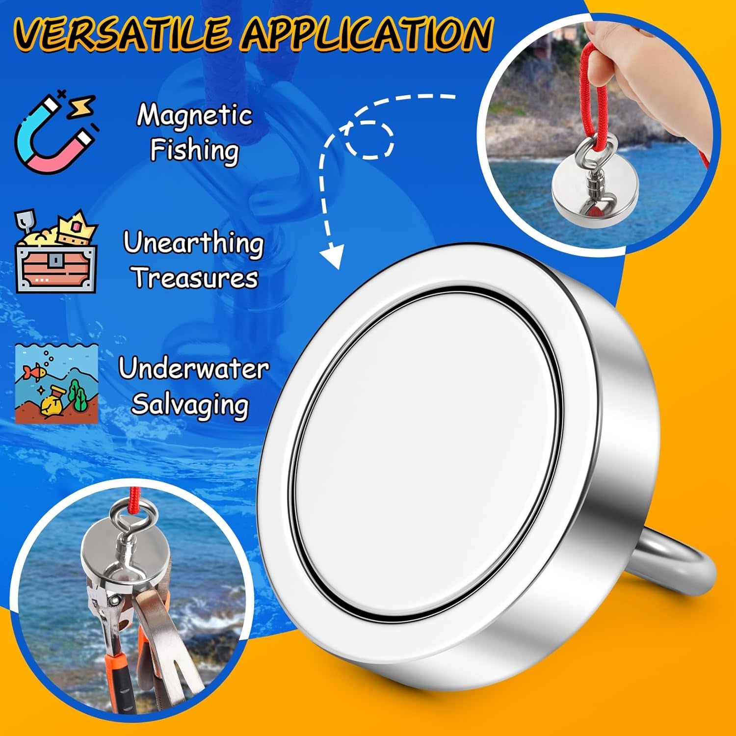 Neodymium Fishing Magnet, 200 Lbs Strong Magnet Fishing, Magnetic Fishing Magnets Heavy Duty for Remover, Super Powerful round Magnets for Retrieving Items in Lake, Beach, Lawn 1.75’’(45Mm)