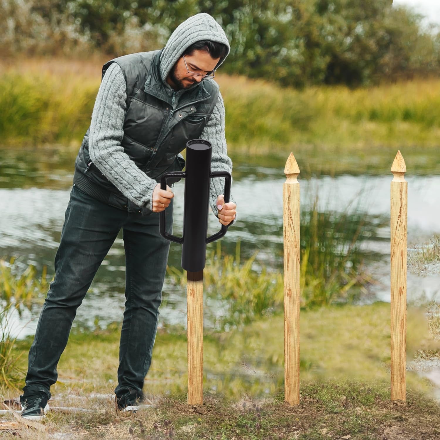 Fence Post Driver with Handle Steel Head Fence Post Driver 16.8 Inch T Post Driver/Rammer Brown Hand Heavy Duty Post Pounder