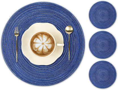 round Braided Placemats 15Inch, Placemats Set of 4 Non-Slip, round Placemats Heat Resistant, Woven Placemats for Kitchen Dining Tables-Dark Blue Color