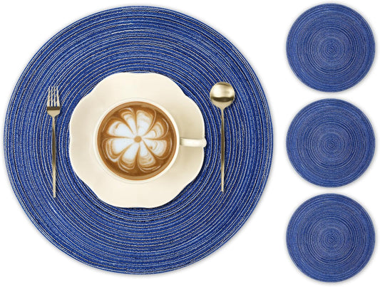 round Braided Placemats 15Inch, Placemats Set of 4 Non-Slip, round Placemats Heat Resistant, Woven Placemats for Kitchen Dining Tables-Dark Blue Color