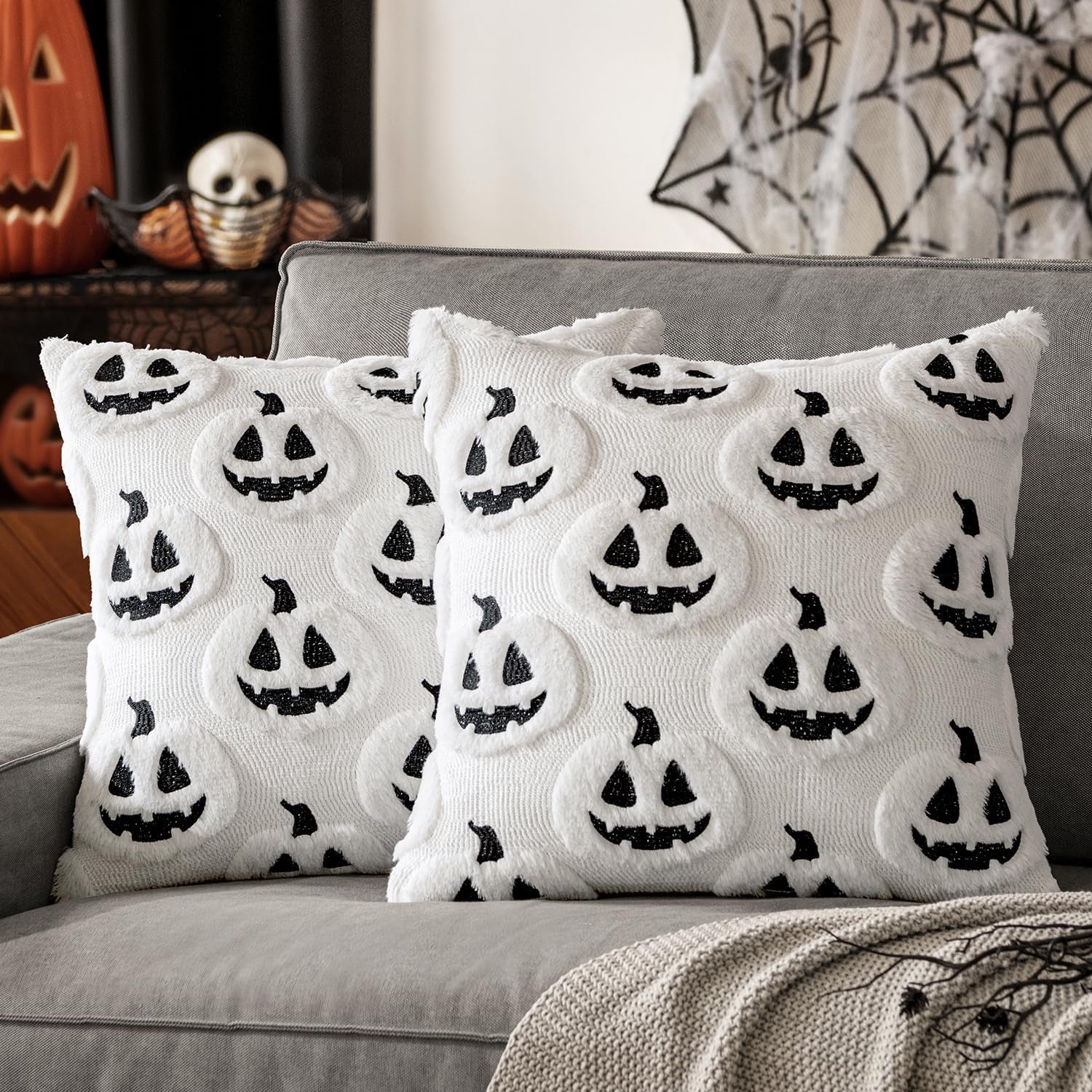 Fall Halloween Throw Pillow Covers 18X18 Decorative Pumpkin Pattern Pillowcases Soft Plush Faux Wool Cushions for Home Patio Sofa Couch,White