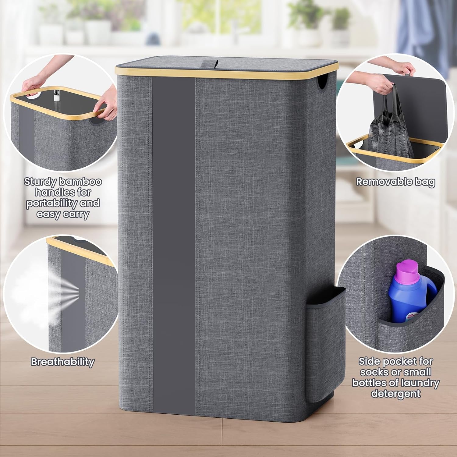 100L Laundry Basket with Lid, Removable Laundry Bag and Handles, Breathable Design Hamper for Bedroom, Bathroom, Dorm, and Laundry Room - Light Grey