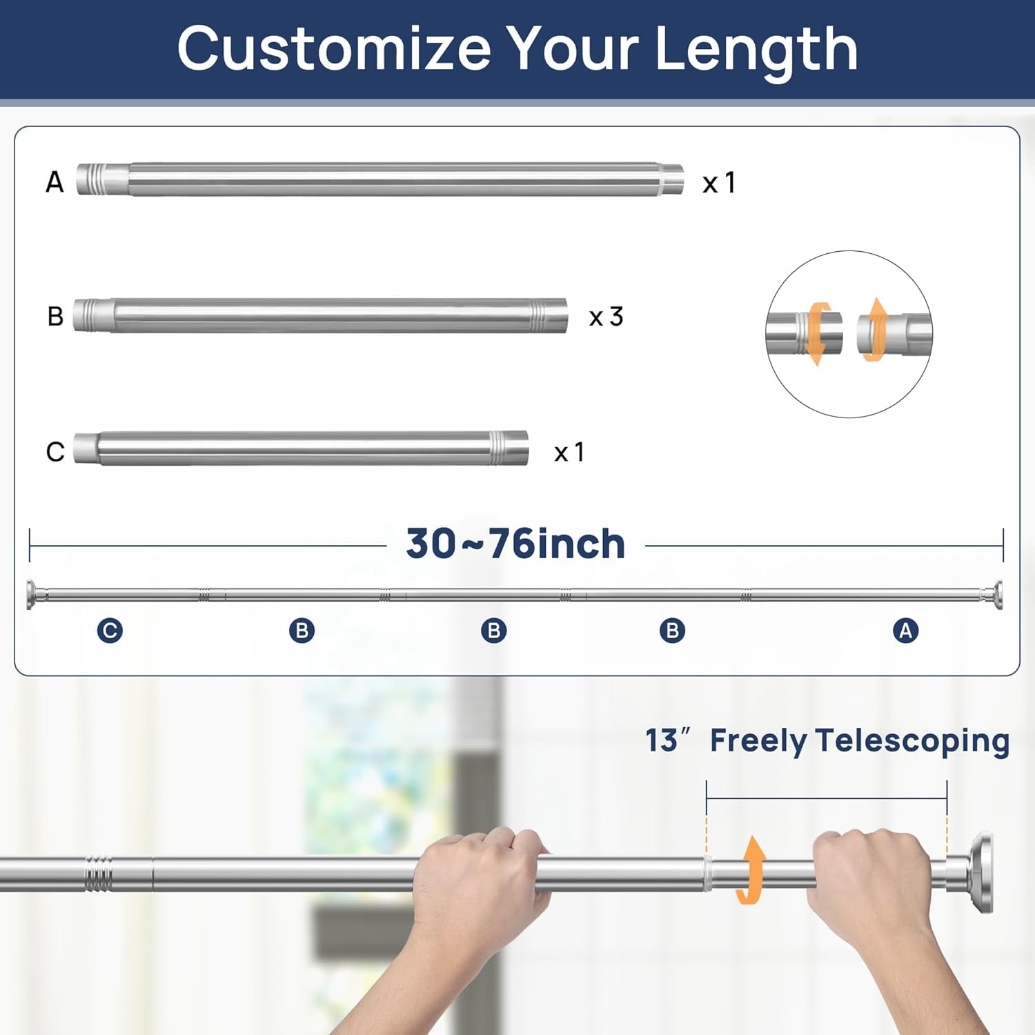 Shower Curtain Rod 33 to 72 Inches, 1 Inch Stainless Steel Adjustable Spring Tension Rods No Drill for Bathroom, Closet, Window, Room Divider, Never Rust, Non Slip, Chrome