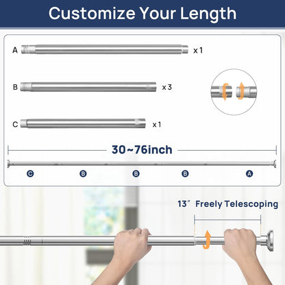 Shower Curtain Rod 33 to 72 Inches, 1 Inch Stainless Steel Adjustable Spring Tension Rods No Drill for Bathroom, Closet, Window, Room Divider, Never Rust, Non Slip, Chrome
