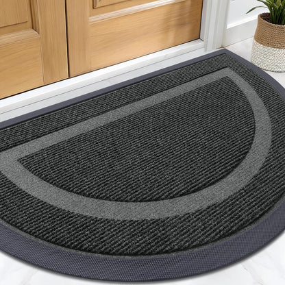 Half Circle Door Mat Indoor Outdoor Entrance Welcome, Waterproof All-Season, All-Weather Doormat, Sturdy Natural Rubber, Low Profile, Easy Clean Patio Porch Entryway Mat, 29.5X17, Black