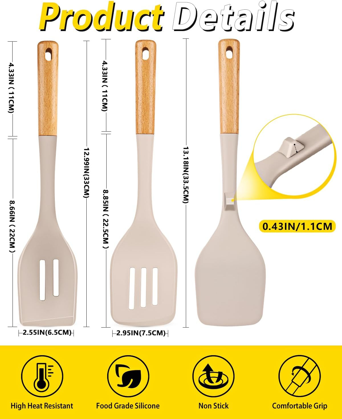 Pack of 4 Silicone Kitchen Utensils Set, Non Stick Solid Spatulas and Heat Resistant Slotted Spoons with Wooden Handle, Ideal BPA Free Cooking Utensils for Mixing,Serving,Turning,Stirring(Khaki)