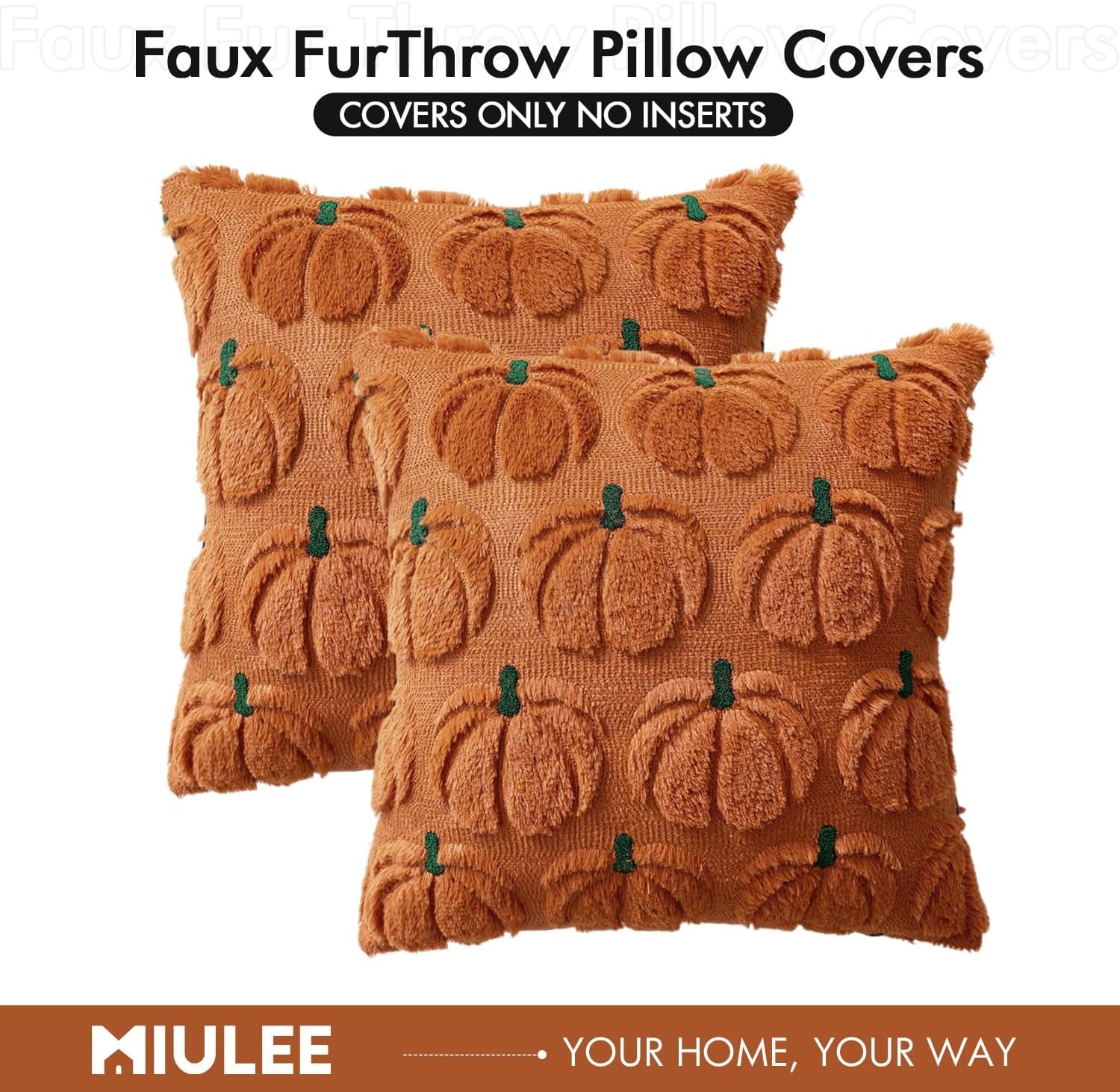 Fall Pumpkin Throw Pillow Covers Decor Set of 2 Dark Rust Green Stem 18 X 18 Decorative Cushion Covers Soft Faux Fur Couch Pillows for Autumn Harvest Outdoor Porch Farmhouse Halloween Home