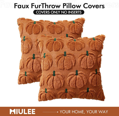 Fall Pumpkin Throw Pillow Covers Decor Set of 2 Dark Rust Green Stem 18 X 18 Decorative Cushion Covers Soft Faux Fur Couch Pillows for Autumn Harvest Outdoor Porch Farmhouse Halloween Home