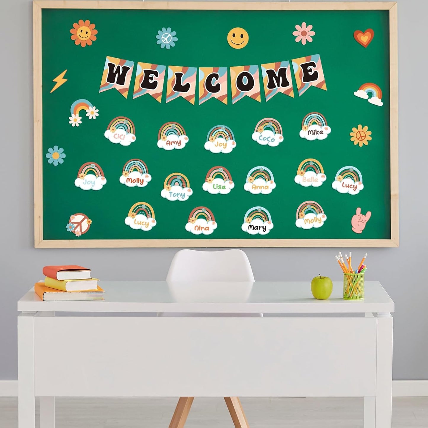 61Pcs Retro Welcome Back to School Bulletin Board Welcome Poster Banner Groovy Rainbow Theme Welcome Sign Decor with Glue Point for First Day of Kindergarten Preschool Classroom Decorations