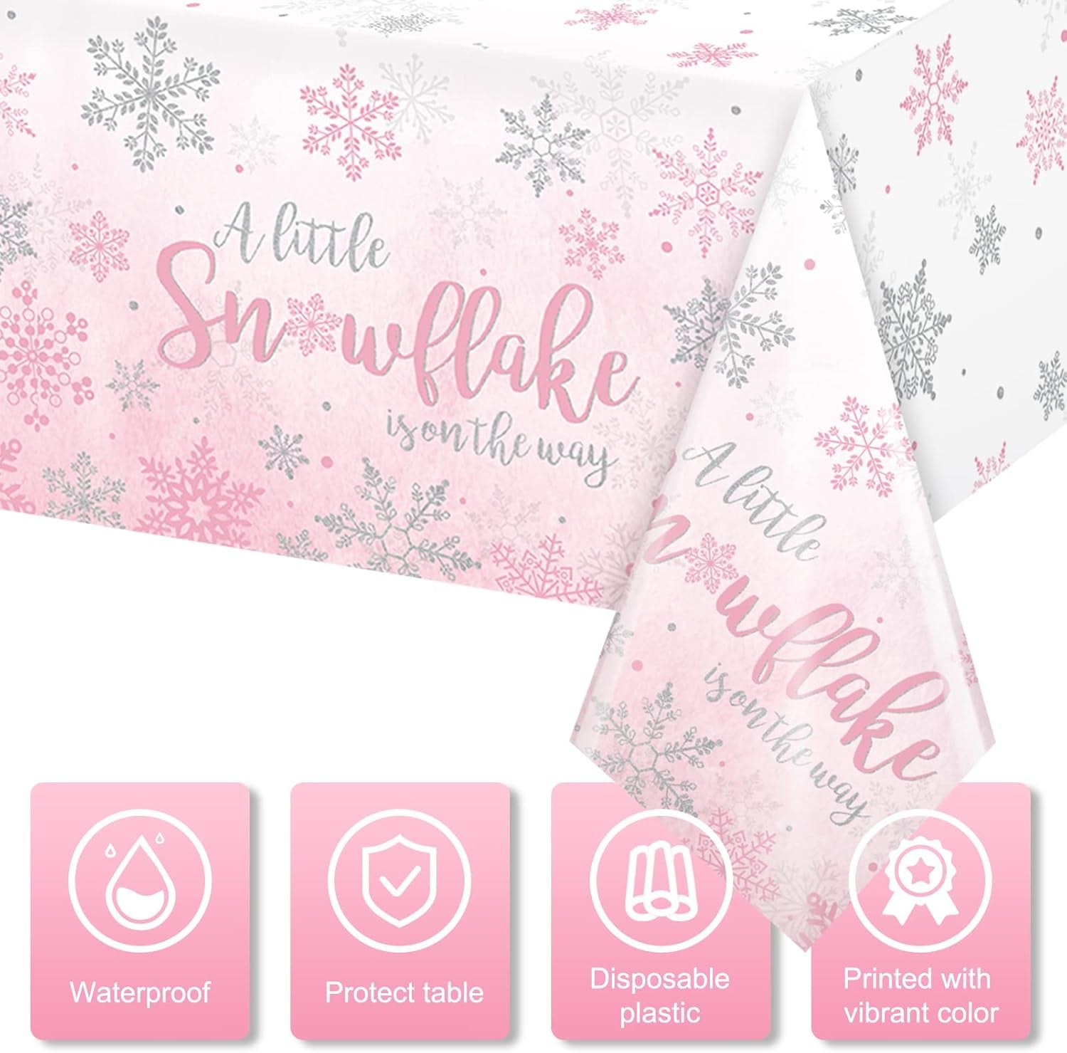 3Pcs Winter Snowflake Tablecloth, Little Snowflake Is on the Way Baby Shower Plastic Pink Tablecloth, Winter Wonderland Baby Shower Decorations for Onederland Princess Gender Reveal, 54X108Inch