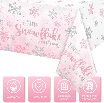 3Pcs Winter Snowflake Tablecloth, Little Snowflake Is on the Way Baby Shower Plastic Pink Tablecloth, Winter Wonderland Baby Shower Decorations for Onederland Princess Gender Reveal, 54X108Inch