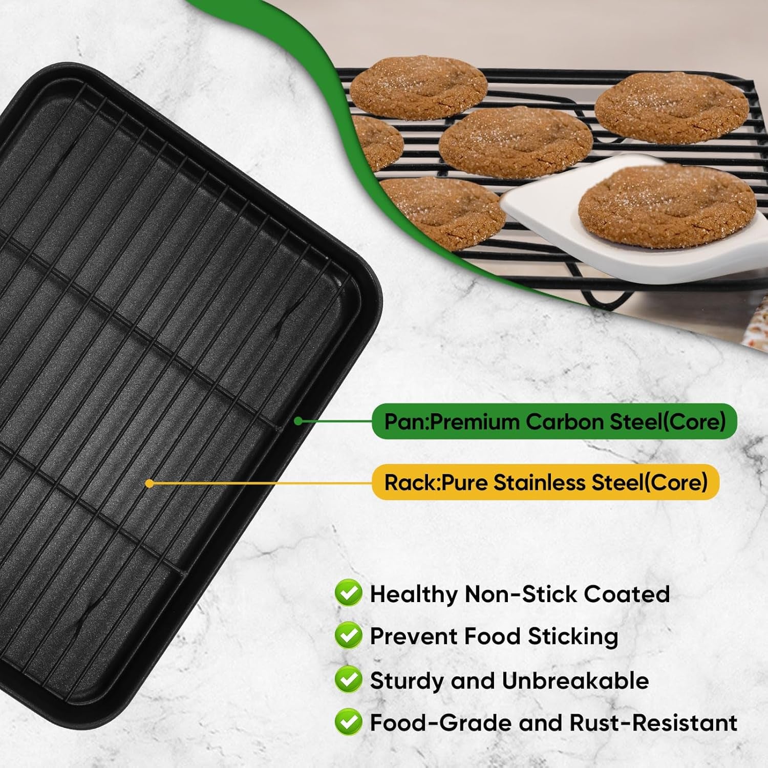Baking Oven Sheet Pan with Rack for Cookie, Nonstick Oven Tray and Cooling Rack for Baking & Roasting, Easy Clean, Black, 10.4 X 8 Inch