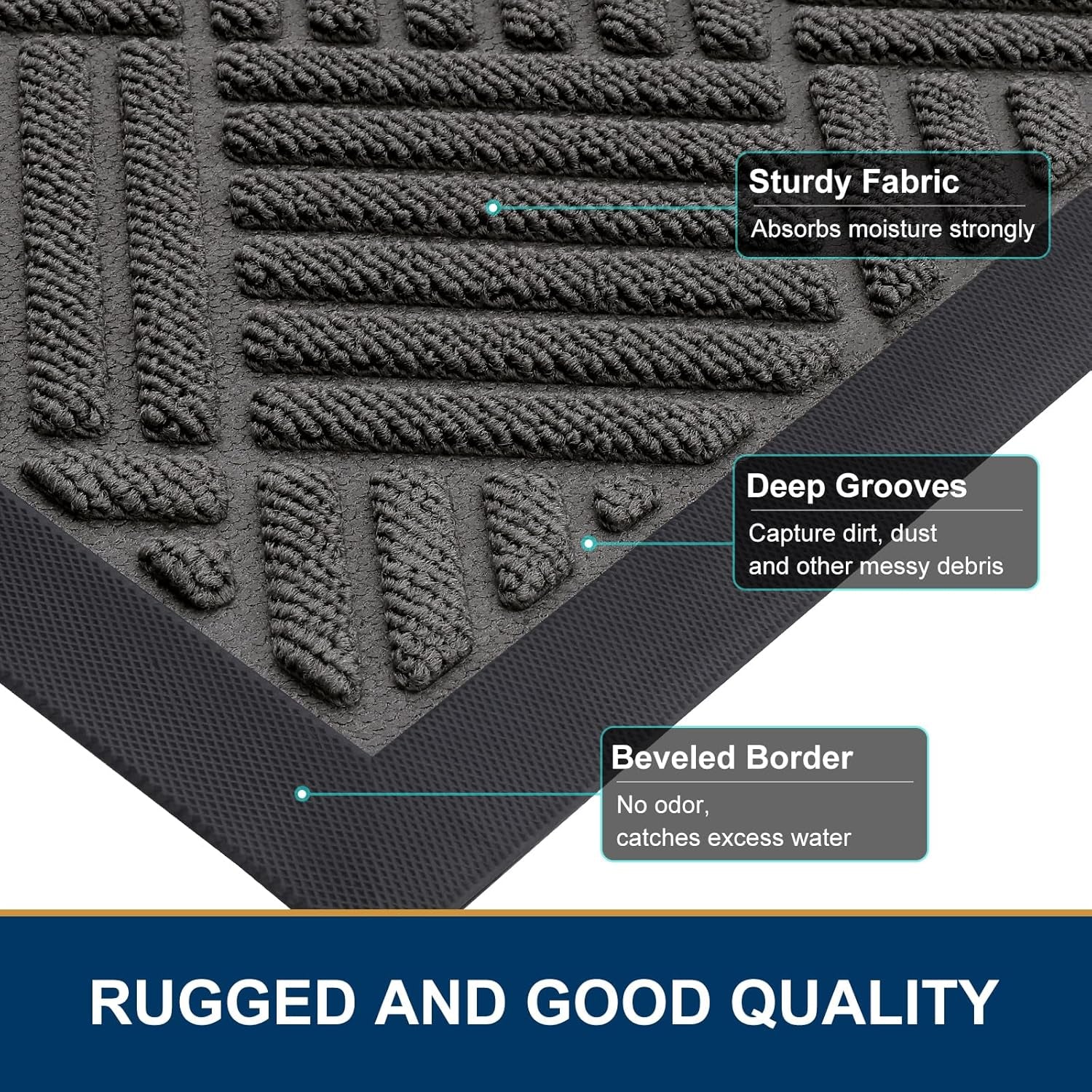 Front Door Mat outside Entrance, Heavy Duty Sturdy Natural Rubber Doormat, 29.5X17 Inch, Grey and Black, 2 Item Bundle