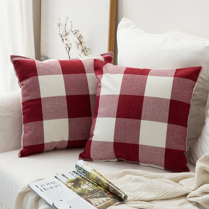 Pack of 2 Christmas Classic Farmhouse Buffalo Check Plaids Linen Soft Soild Decorative Square Porch Throw Pillow Covers Home Decor Cushion Case for Sofa Bedroom 18X18 Inch, White and Red