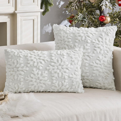 Christmas Pure White Throw Pillow Covers Snowflakes Decorative 18×18 Inch Faux Wool Winter Festival Couch Pillow Covers Set of 2 Farmhouse Holiday Home Decors for Sofa Livingroom Bed