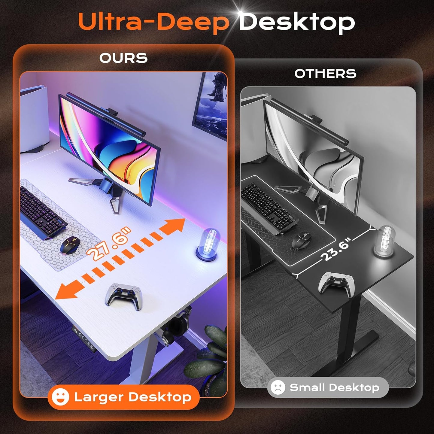 55" x 28" Large Electric Height Adjustable Standing Desk, 27.6" Deep Desktop, Ergonomic Gaming and Office Table with 2 Hooks and 3 Preset Heights, Ideal for Home Office, White