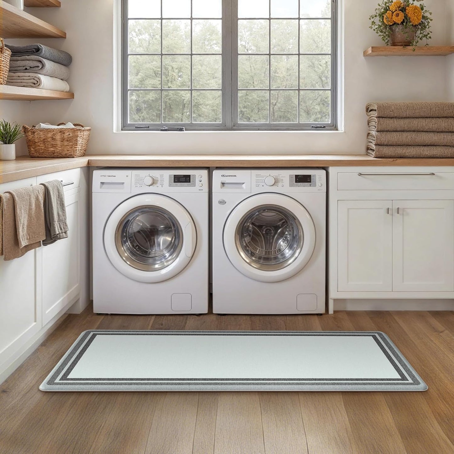 Kitchen Mats for Floor 2 PCS Cushioned Anti-Fatigue, Geometric Waterproof Kitchen Rugs Non Slip Washable, Comfort Standing Mat Rug for Kitchen, Office, Laundry, Lightgrey, 17"X 47"+17"X 30"