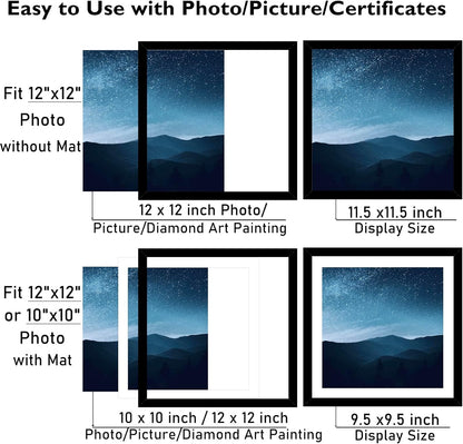 12X12 Picture Frame with Mat for 30 X 30Cm Diamond Art Painting, Display Photo 10X10 or 12 X 12 without Mat, Wall Hanging Large Frame with Plexiglass, Black