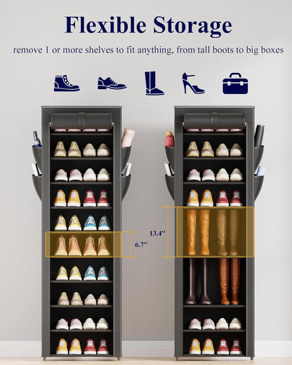 Shoe Rack - 10-Tier Large Capacity Shoe Organizer Shelf with Dust Cover & Side Pockets, Rust-Proof Metal Shoe Rack for Closet, Entrance, Living Room, 17.5" X 12.4" X 69.3", Black