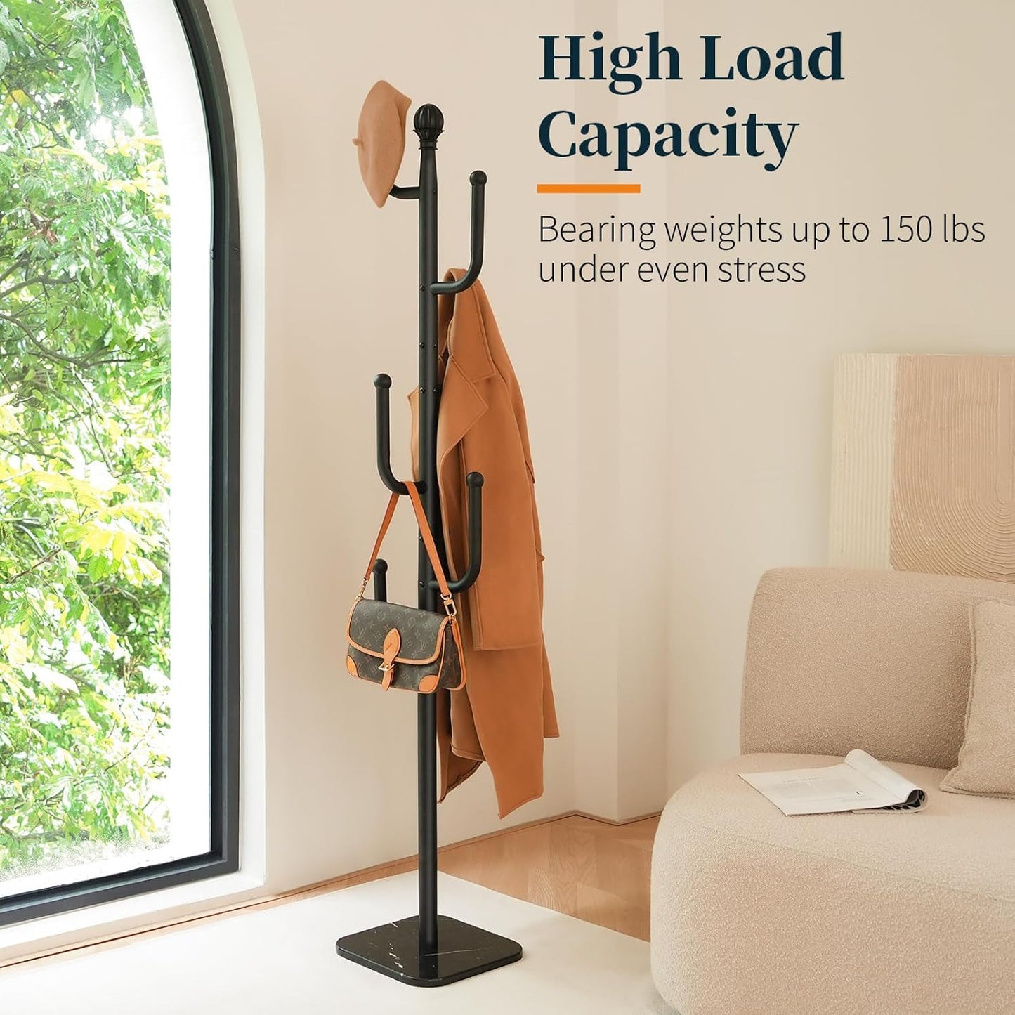 Coat Rack Freestanding with Natural Marble Base, Cactus Coat Tree with 6 L-Shaped Hooks, Heavy Duty Coat Hanger Stand, Metal Coat Rack Stand for Entryway, Hall Tree for Jacket/Hat/Clothes/Bag