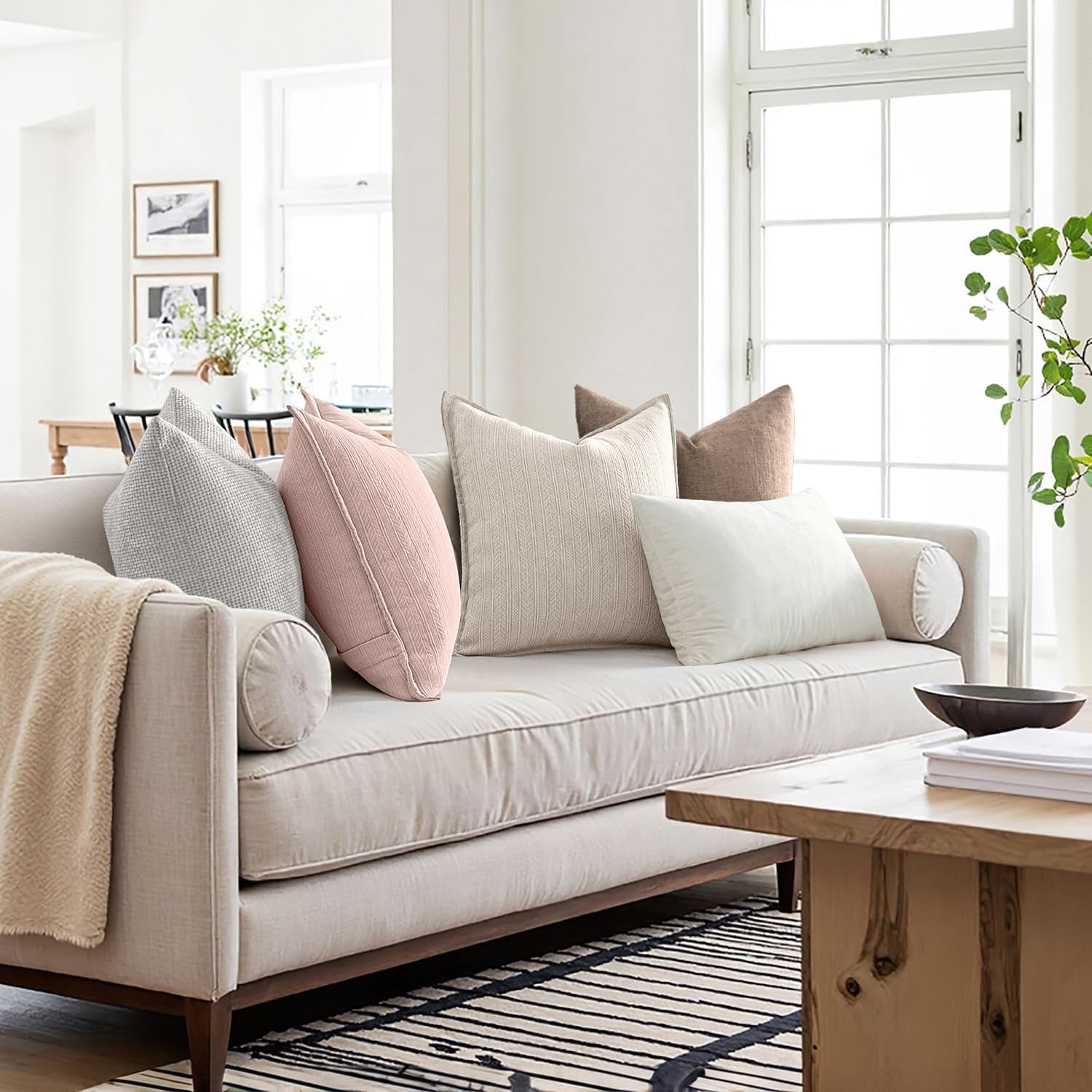 Set of 2 Chenille Decorative Couch Pillow Covers 20x20 Inches in Beige - Elegant Farmhouse Cushion Cases for Home Decor, Sofa, Bedroom, and Living Room