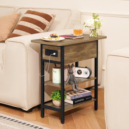 End Table with Charging Station, Flip Top Side Table with USB Ports and Outlets, Sofa Couch Table Bedside Table for Living Room Bedroom, Narrow Nightstand with Storage Shelves for Small Space