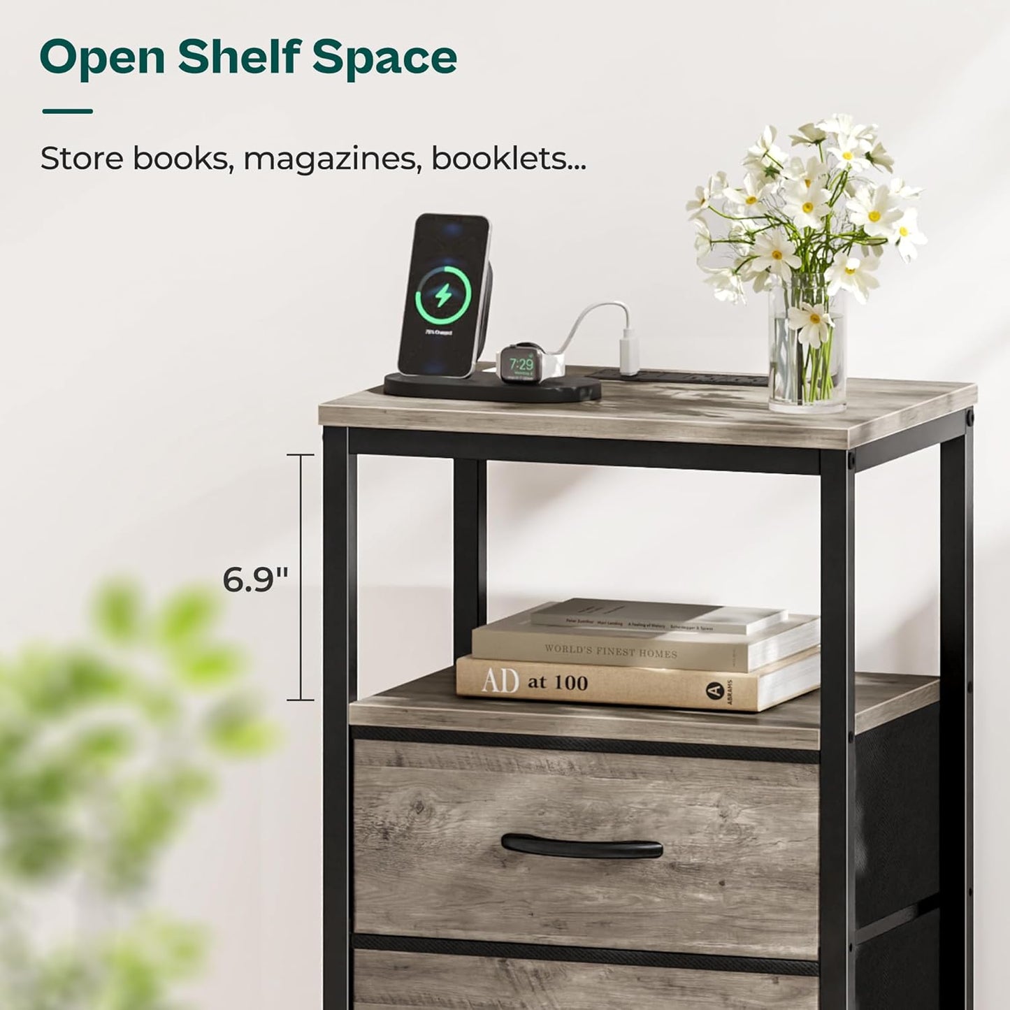 Oak Nightstand with Charging Station, Fabric Drawers, Open Shelf, USB Ports, and Outlets for Bedroom Use