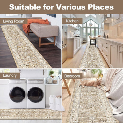 Washable Non-Slip Vintage Hallway Runner Rug, 2x8 ft, Boho Floral Soft Faux Wool Carpet with Rubber Backing for Laundry, Entryway, and Bedroom (Beige Brown)