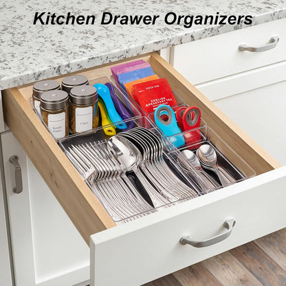 7-Piece Drawer Organizer with Non-Slip Silicone Pads, 4-Size Desk Drawer Organizer Trays Storage Tray for Makeup, Jewelries, Utensils in Bedroom Dresser, Office and Kitchen (Clear)
