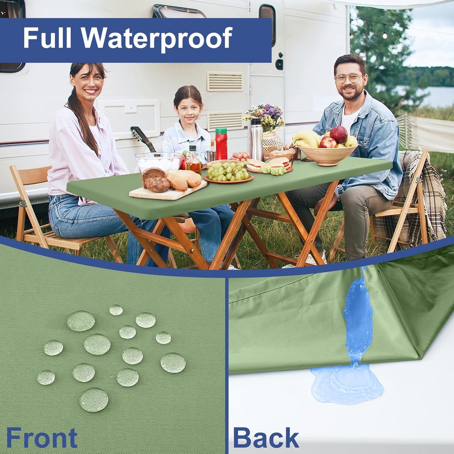2 Pack 6 Foot Rectangle Elastic Fitted Tablecloth, Waterproof Fabric Table Cover, Washable Polyester Table Cloth for Picnic, Camping, Outdoor (Sage Green, 30" X 72")