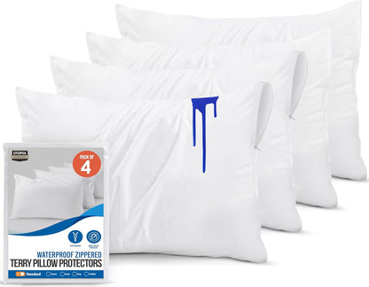 Waterproof Pillow Protectors with Zipper Standard Size (4 Pack), Terry Pillow Covers, Bed Bug and Dust Mite Proof
