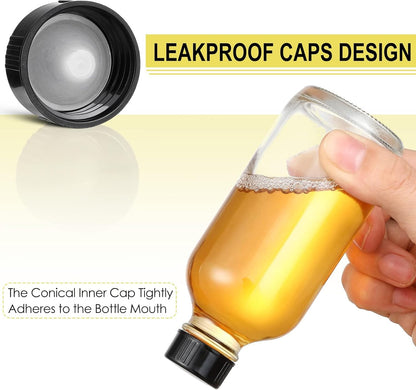 6 Pack, 4 Oz Small Clear Glass Bottles with Lids & 2 Stainless Steel Funnels - 120Ml Boston Sample Bottle for Potion, Juice, Wellness, Ginger Shots, Whiskey, Liquids - Mini Travel Essential Bottles