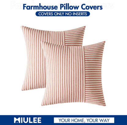 Fall Rust and Beige Patchwork Farmhouse Pillow Covers 18X18 Inch, Pack of 2 Striped Linen Decorative Modern Accent Pillow Cases for Sofa Couch Bedroom