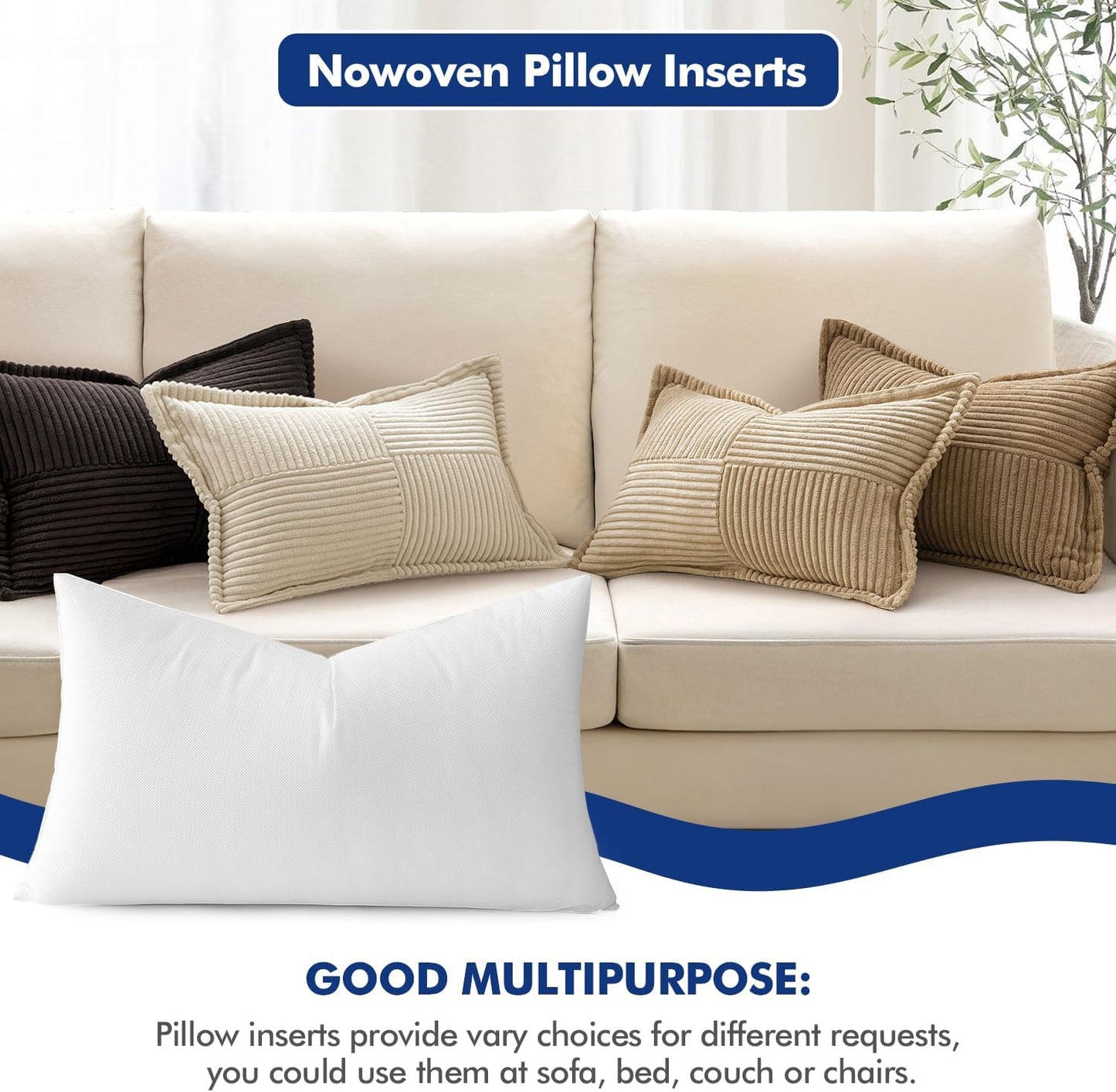 12x20 Inch Decorative Rectangle Pillow Insert, Premium Fluffy Cushion Filler for Sofa and Living Room