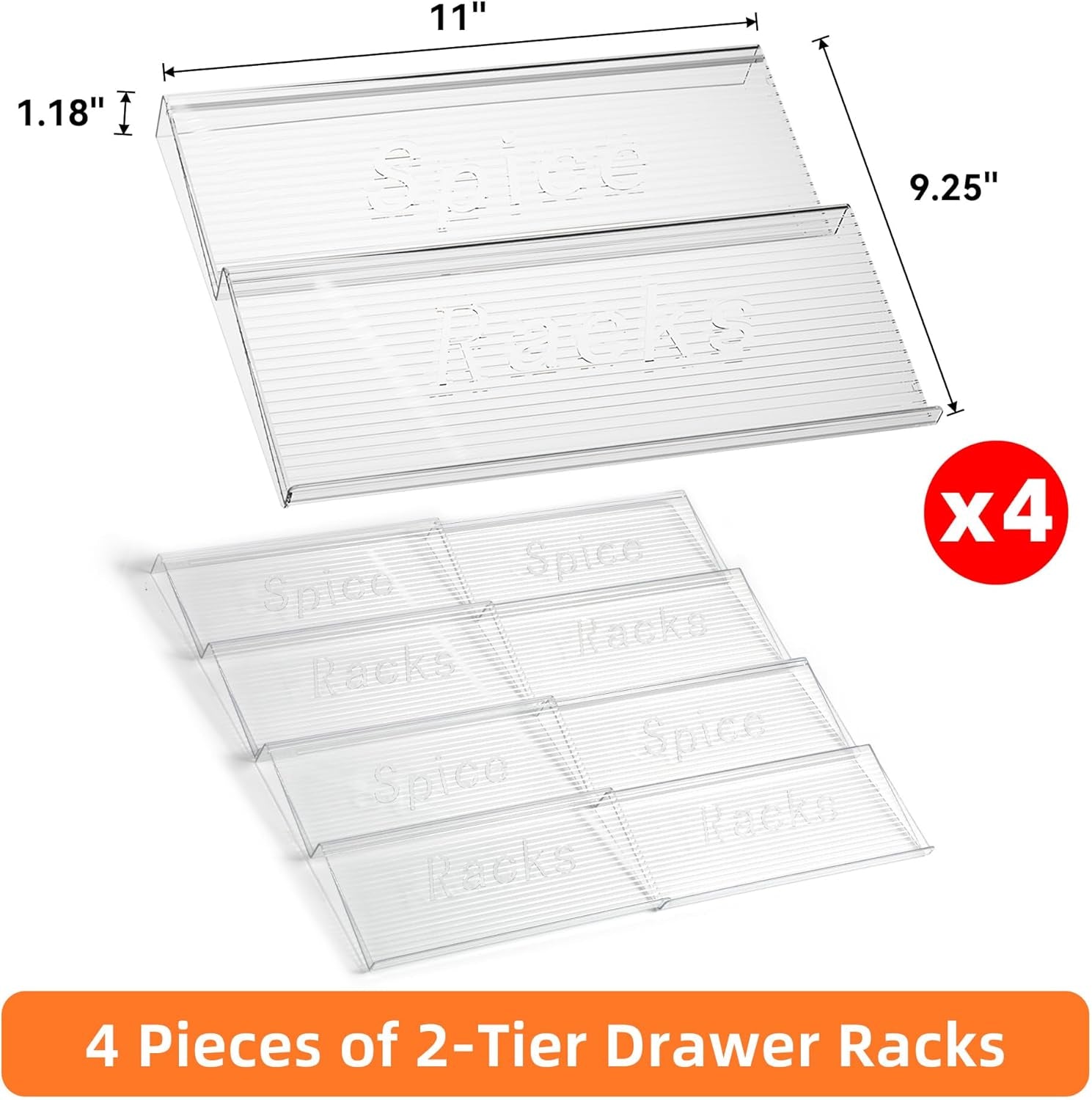 Spice Drawer Organizer, 4 Tier- 4 Pack Clear Acrylic Drawer Seasoning Organizer, Expandable from 11'' to 22'' Kitchen Spice Rack Organizers and Storage for Drawer (Jars Not Included)