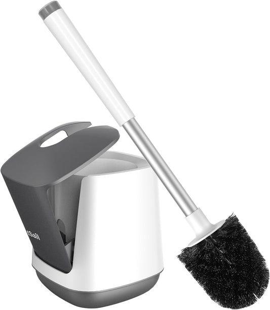 Toilet Brush and Holder, Self Closing Lid Toilet Bowl Brushes Holder and Extra Long Handle Ventilated Toilet Brush Set for Bathroom Cleaning, Nylon Bristles, White & Grey
