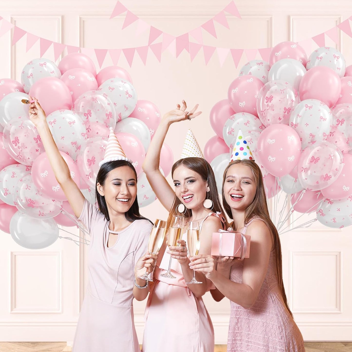 60Pcs Pink Bow Balloons 12Inch with Pink White Clear Bow Balloons for Pink Coquette Wedding Baby Shower Birthday Party Decorations