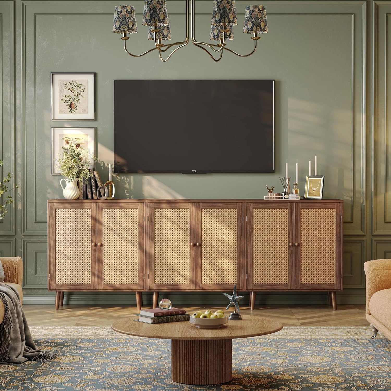 Walnut Buffet Cabinet with Synthetic Rattan Door Accents and Solid Wood Legs for Hallway, Entryway, and Living Room Storage