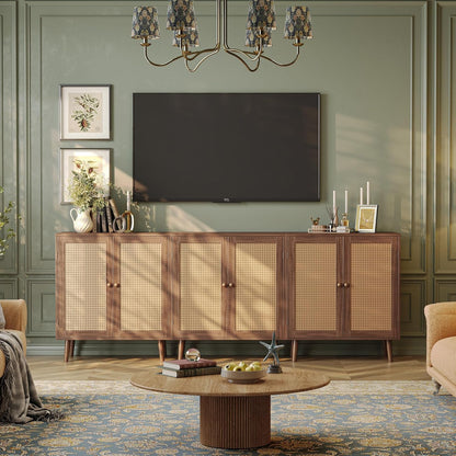 Walnut Buffet Cabinet with Synthetic Rattan Door Accents and Solid Wood Legs for Hallway, Entryway, and Living Room Storage
