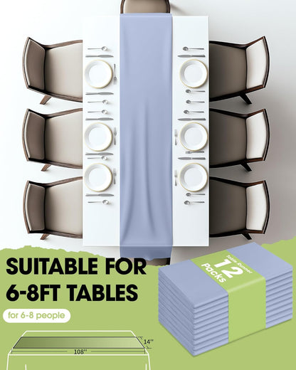 Dusty Blue Plastic Table Runners - 12 Pack, 14'' X 108'', Water Resistant & Disposable Centerpiece Decorations for Table Cloth, Wedding, Birthday, Holiday, Baby Shower, Party, Home Decor