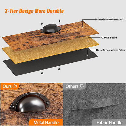 End Table with Storage Shelf and Fabric Drawer, 2 Tiers Industrial Nightstand, Bedside Table Organizer for Living Room Bedroom, Rustic Brown, Easy Assembly