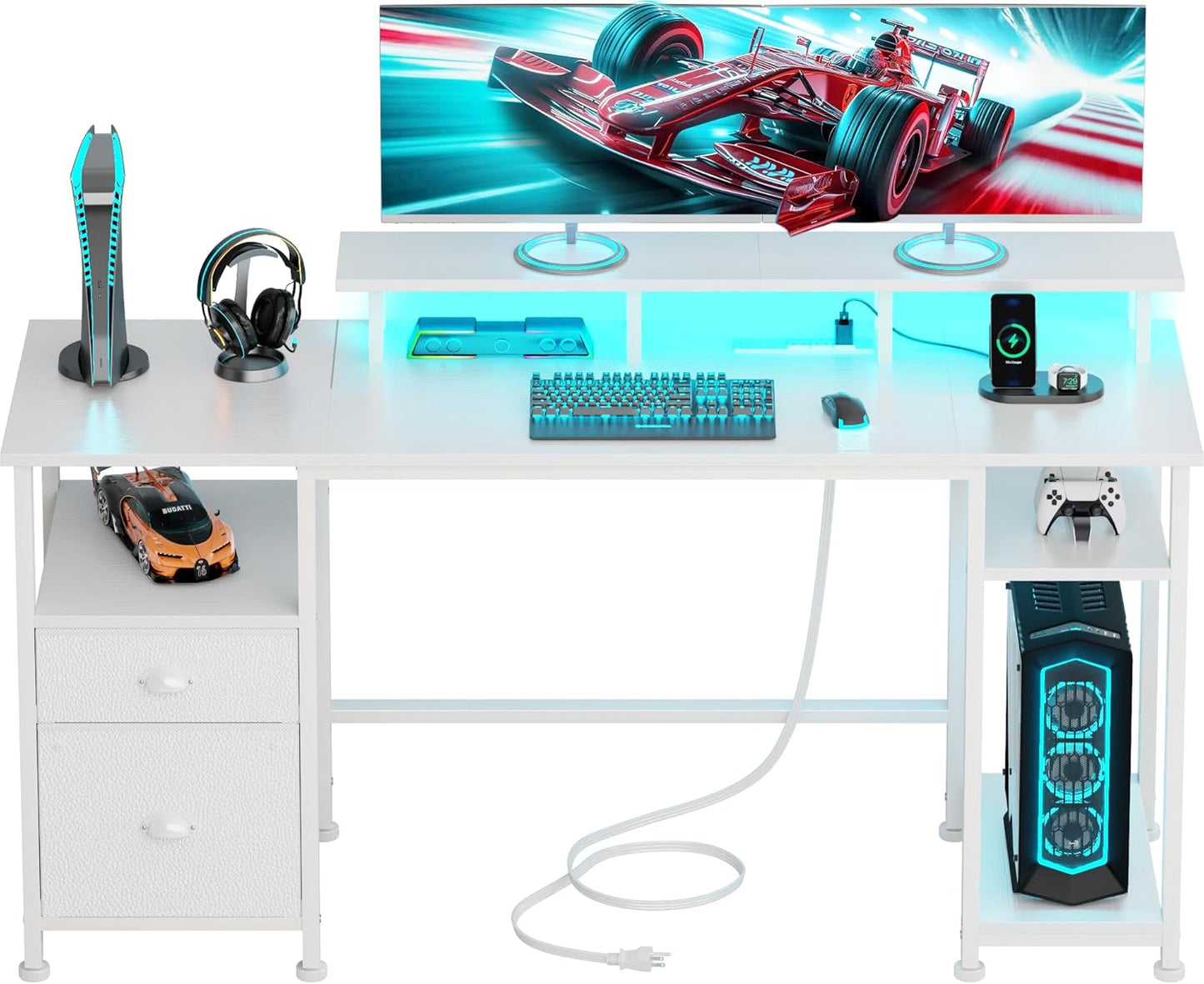 61" Computer Desk with Power Outlet and LED Lights, Reversible Gaming Desk with File Cabinet & Monitor Stand for Home Office, Large Work Table with Storage Shelves & Drawer, White