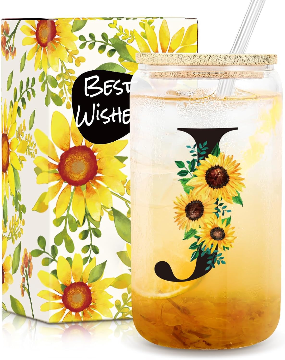 Birthday Gifts for Women, Initial Glass Cups W Lids and Straws, Sunflower Gifts for Women, Personalized Gifts, 16Oz Glass Tumbler Cups W/Straw Lid, Monogrammed Gifts, Birthday Gifts for Her Mom - J