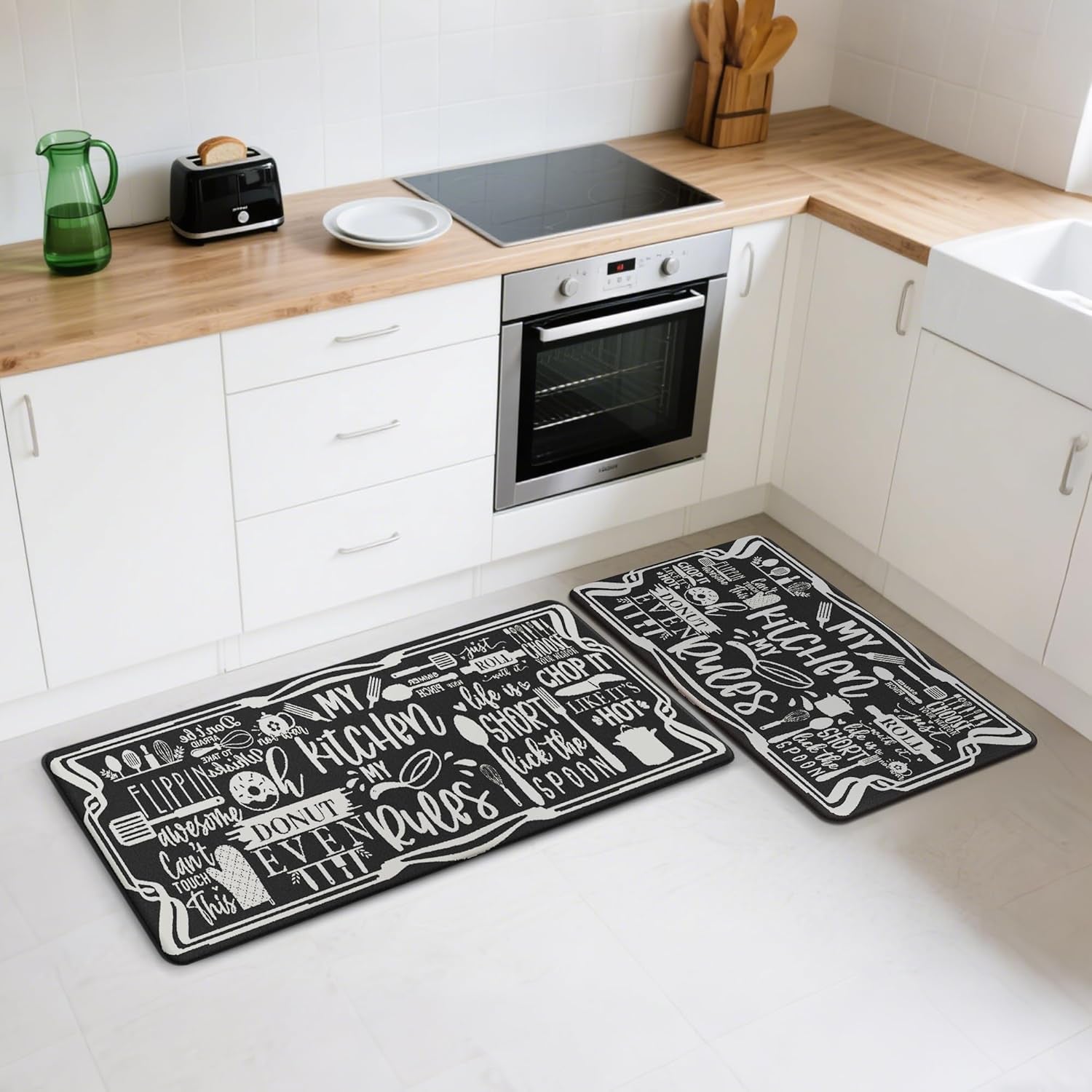 anti Fatigue Kitchen Mats for Floor, Non Slip Washable Kitchen Rules Theme Rugs Sets of 2, Farmhouse Cushioned Waterproof Comfort Runner Rug for Kitchen, Sink, Laundry, 17"X 47"+17"X 30", Black