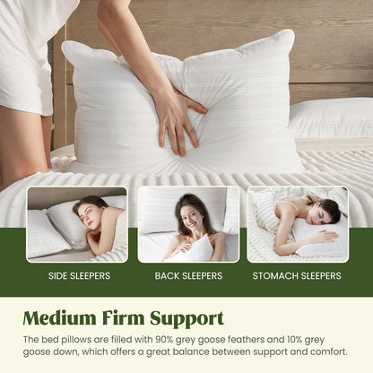 ® Goose Feathers and down Pillows with Gusseted 2 Outer Protectors, Cotton Fabric, White, Standard/Queen Size, Set of 2