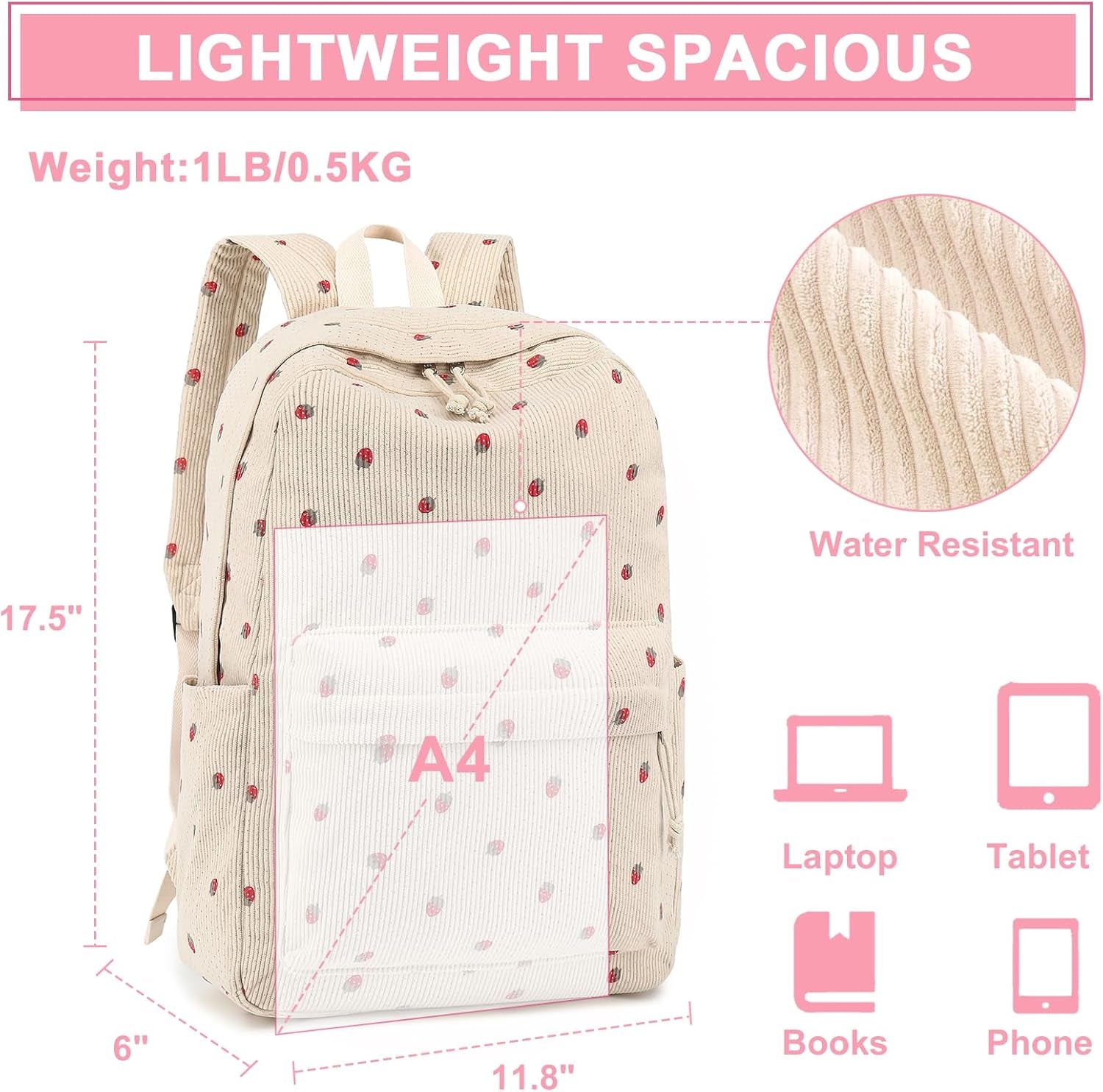 School Backpack for Teen Girls Bookbags Elementary High School Corduroy Laptop Bags Women Travel Daypacks