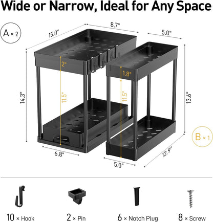 3 Pack under Sink Organizers and Storage, 2 Tier Black Bathroom Cabinet Organizer, Multi-Use Kitchen Bathroom Organizers and Storage, under Counter Organizer with Hooks