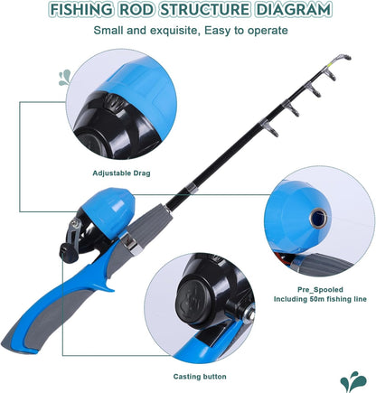 Kids Fishing Pole Kit 2 Pack, Portable Telescopic Kids Fishing Rod with Tackle Box, 2 Fishing Net and 2 Bucket for Beginners, Boys,Girls,Youth